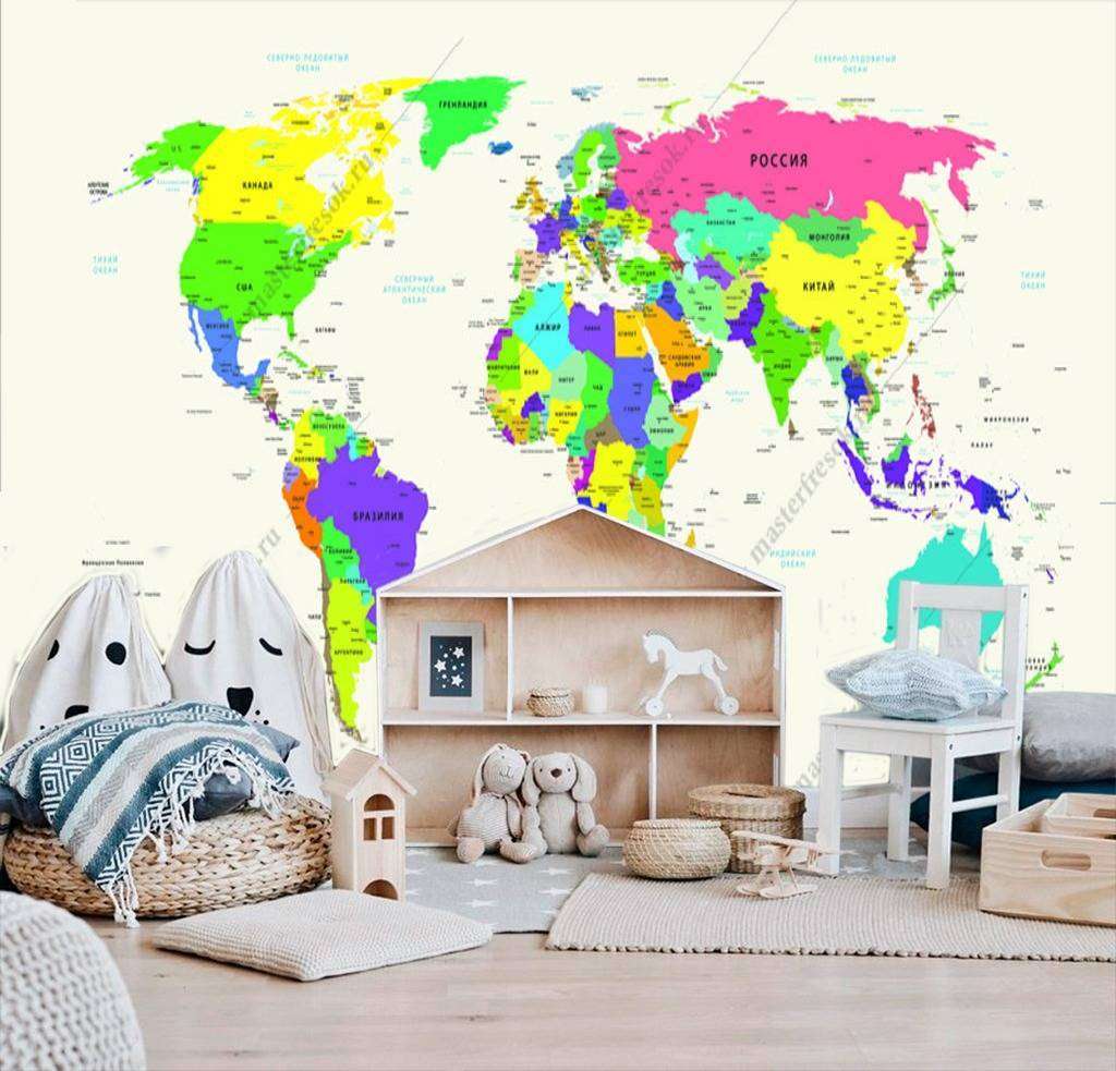 Фотообои в интерьере карта мира разноцветная  12-989 фото