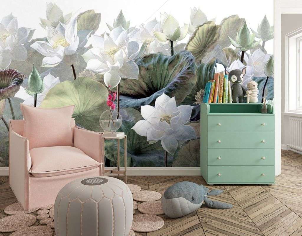 Фотообои в интерьере лотосы на белом фоне  9-1637 фото