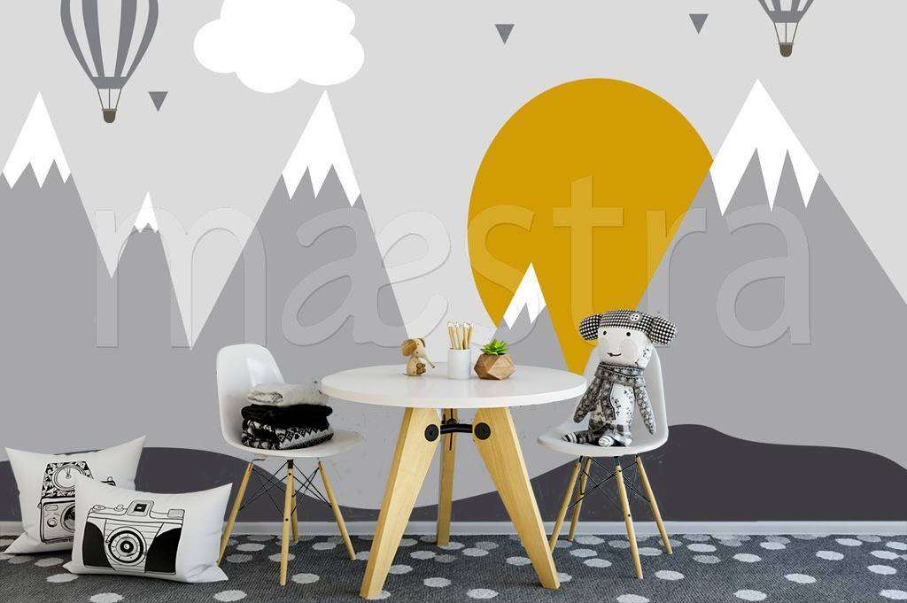 Фотообои в интерьере горы с оранжевым солнцем  12-442 фото