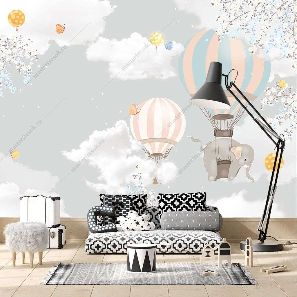 Фотообои в интерьере слоник на воздушном шаре  12-1450 фото