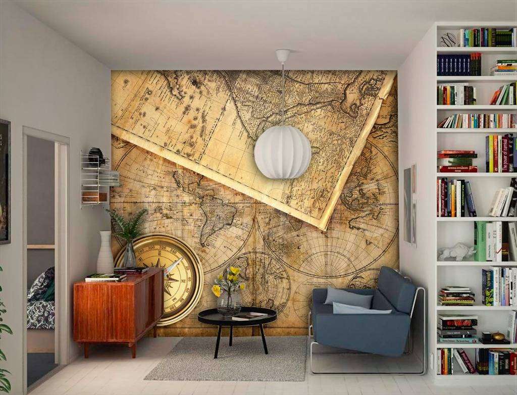 Фотообои в интерьере старинные карты с компасом  9-430 фото