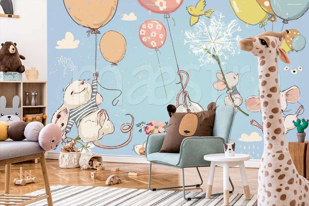 Фотообои в интерьере мыши на шарах на голубом фоне  12-337 фото