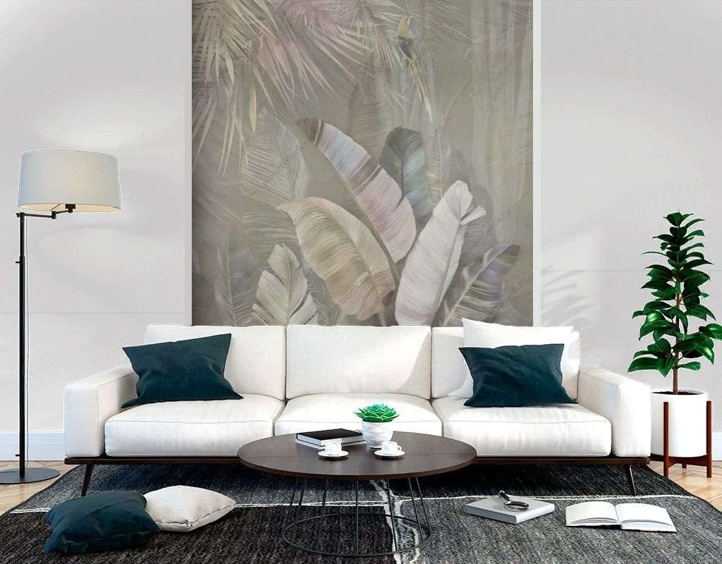 Фотообои в интерьере банановые листья и птица на сером фоне  14-622 фото