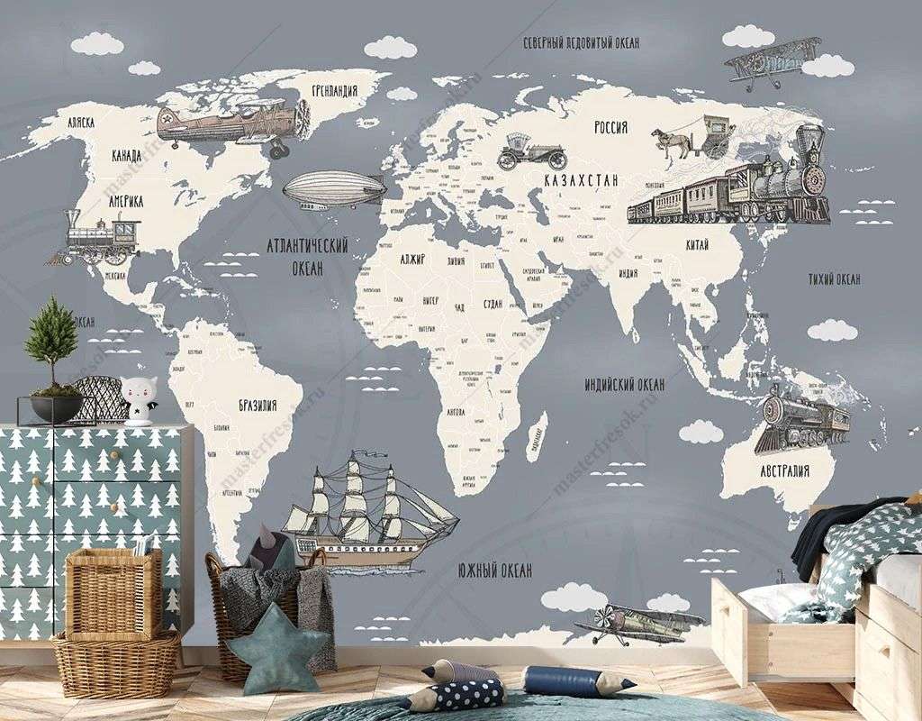 Фотообои в интерьере карта мира с военной техникой  12-1468 фото