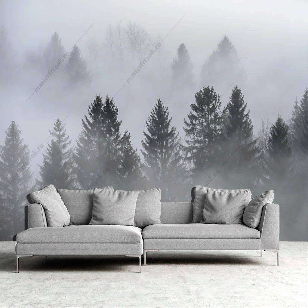 Фотообои в интерьере туманное утро в лесу  9-1165 фото