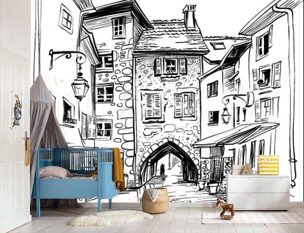 Фотообои в интерьере домики рисунок графика  12-500 фото