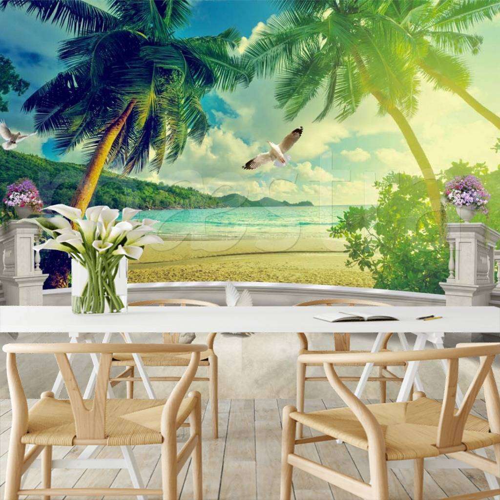 Фотообои в интерьере терраса у моря с пальмами  7-772 фото