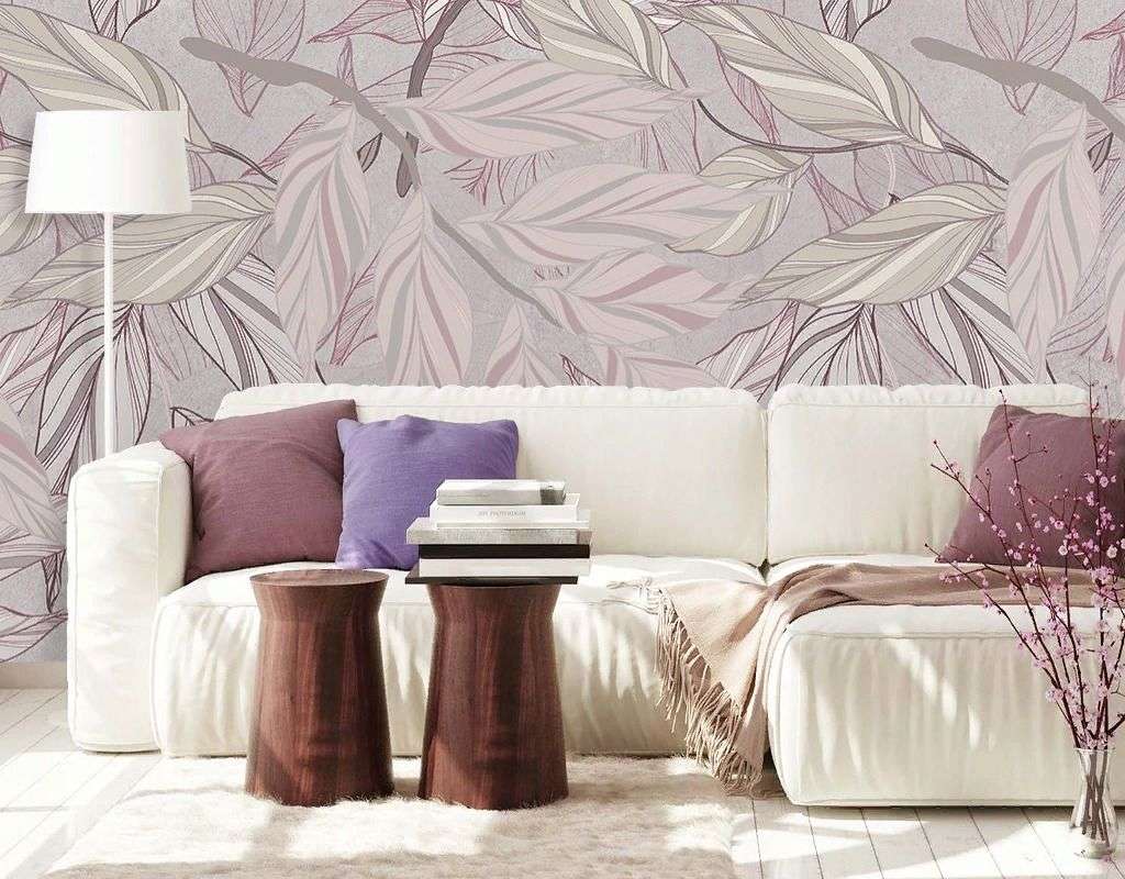 Фотообои в интерьере в спальню веточки с листьями лиловые  9-1978 фото