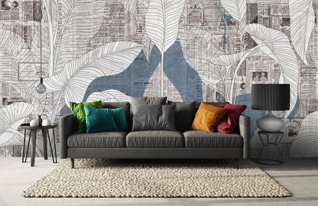 Фотообои Тропические листья на фоне газеты  9-1247