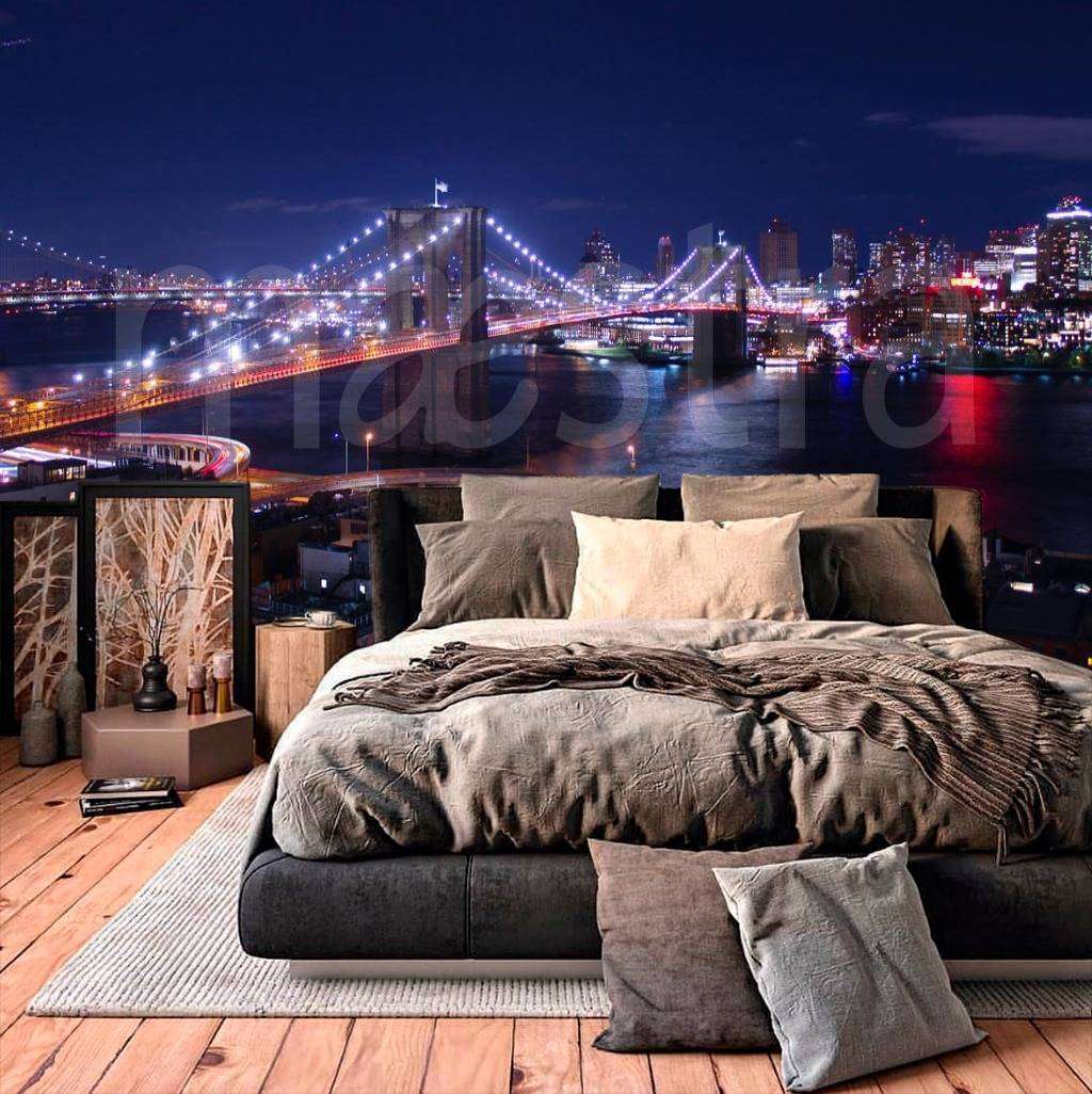 Фотообои в интерьере ночной бруклинский мост в синеве  9-848 фото