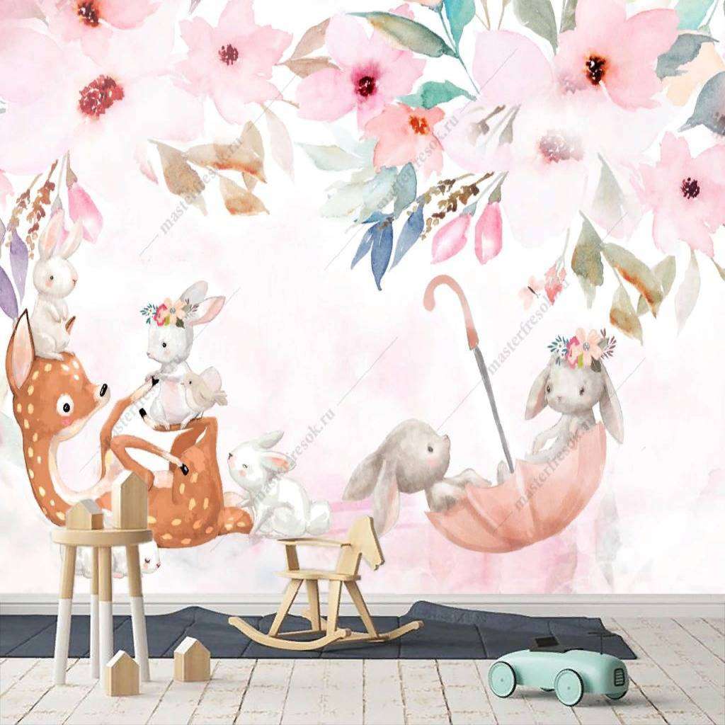 Фотообои в интерьере зайка в зонтике  13-215 фото