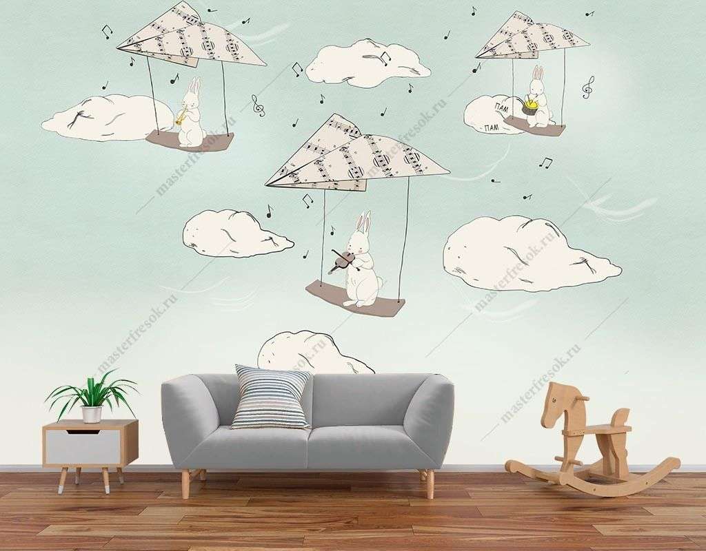 Фотообои в интерьере музыкальные зайчата  14-606 фото