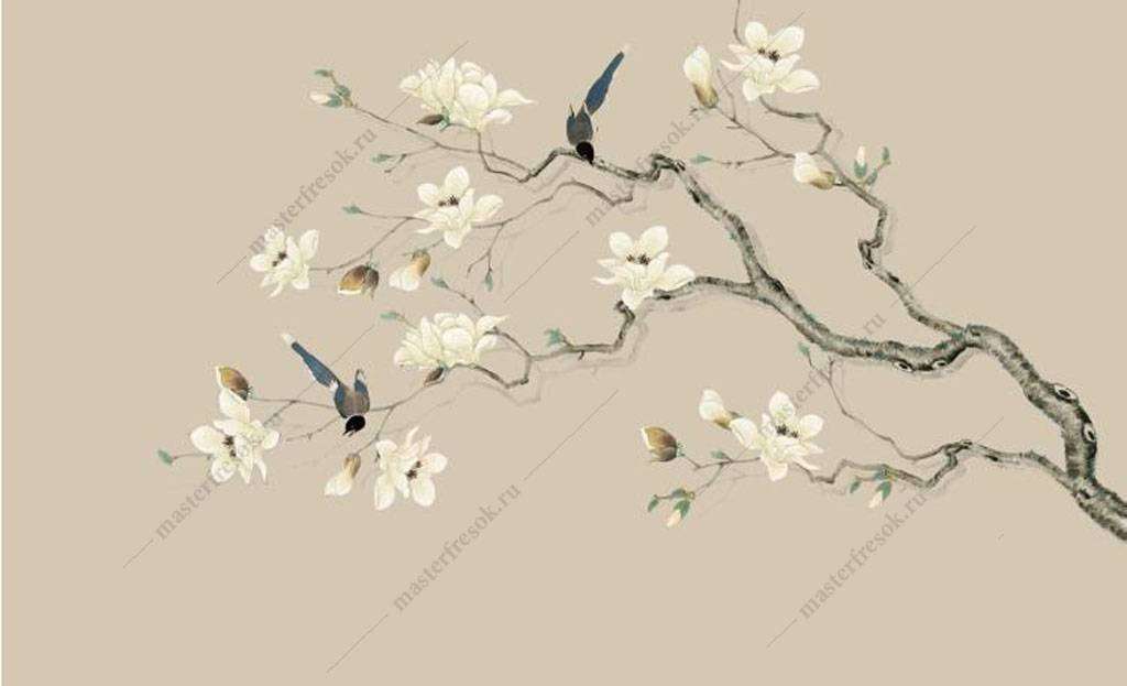 Фотообои в интерьере птицы на ветках сакуры  15-958 фото