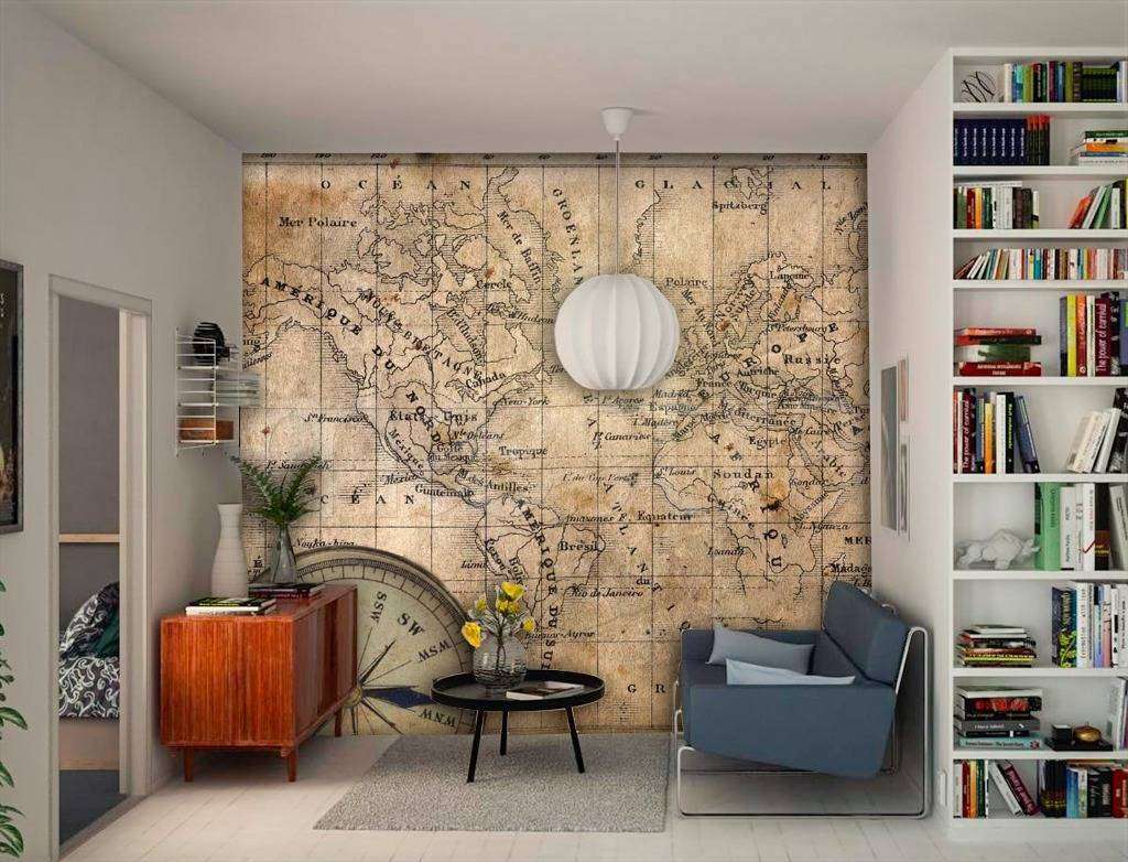 Фотообои в интерьере карта в бежевом цвете  9-432 фото
