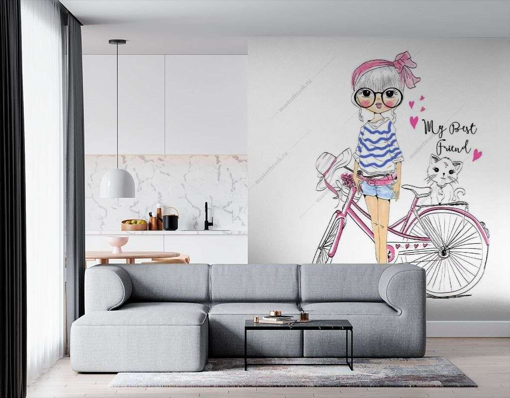 Фотообои в интерьере модная девочка с велосипедом  12-1442 фото