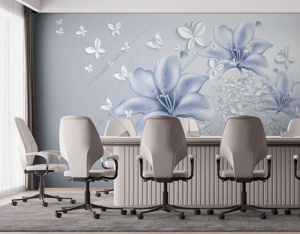 Фотообои в интерьере нежно-голубые лилии  14-429 фото