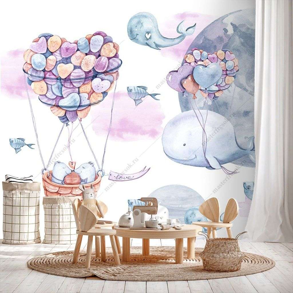 Фотообои в интерьере кит на воздушных шариках  12-1291 фото