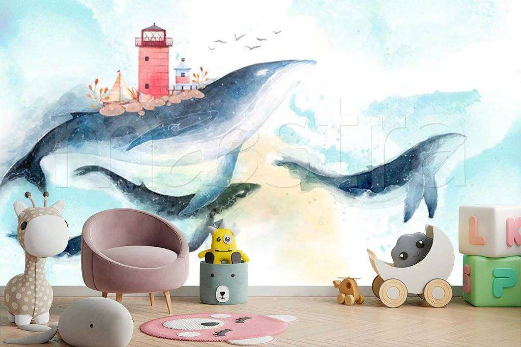 Фотообои в интерьере киты в небе  15-059 фото