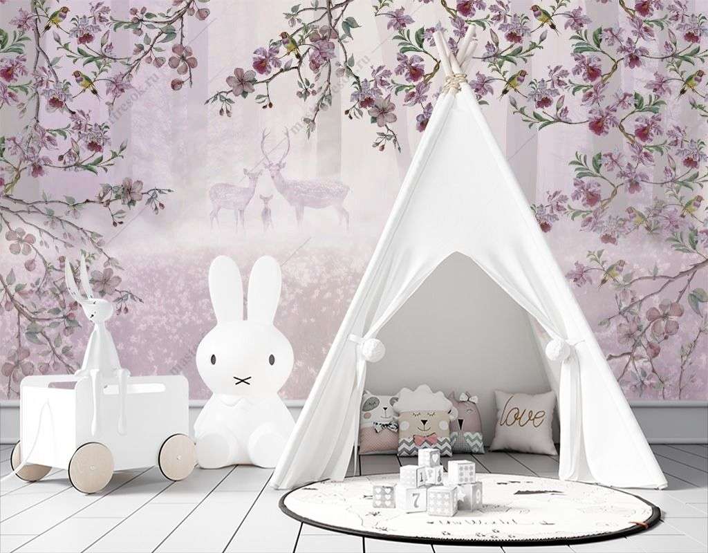 Фотообои в интерьере лес с цветущей сакурой  12-1465 фото