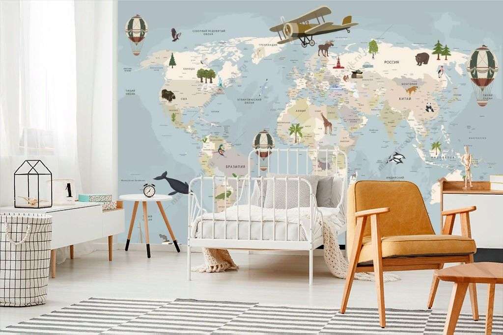 Фотообои в интерьере карта мира на голубом фоне  12-1318 фото