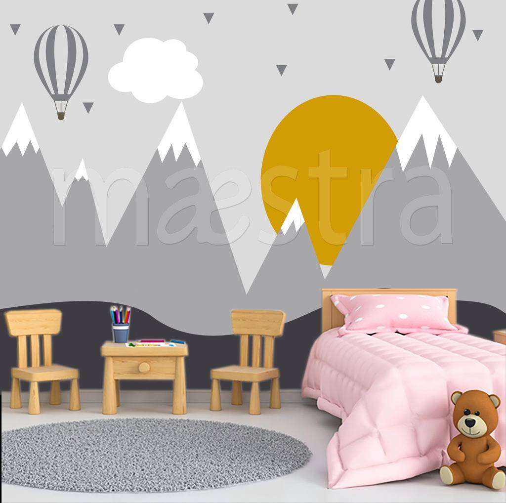 Фотообои в интерьере горы с оранжевым солнцем  12-442 фото