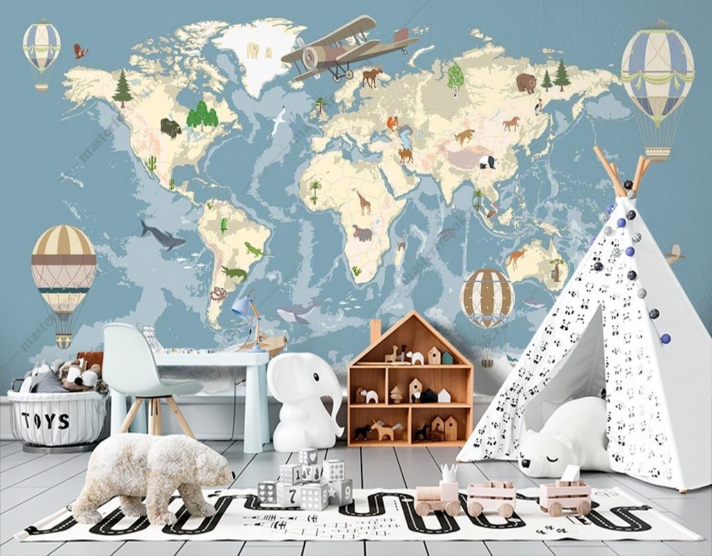 Фотообои Карта в детскую серо-синий фон  12-1516