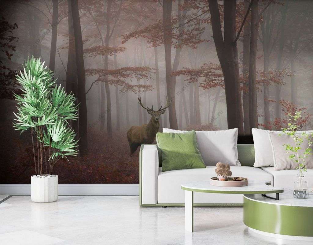 Фотообои в интерьере осенний лес с оленем  9-1529 фото