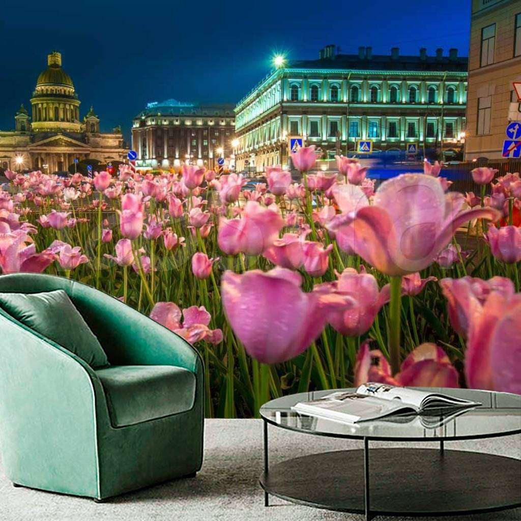 Фотообои Розовые тюльпаны у Исаакиевского собора  9-663