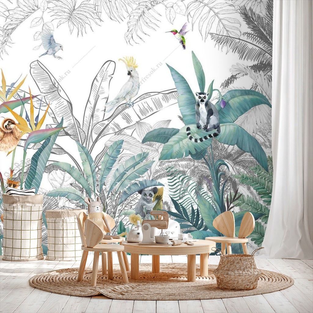 Фотообои Тропические листья и животные  12-1192