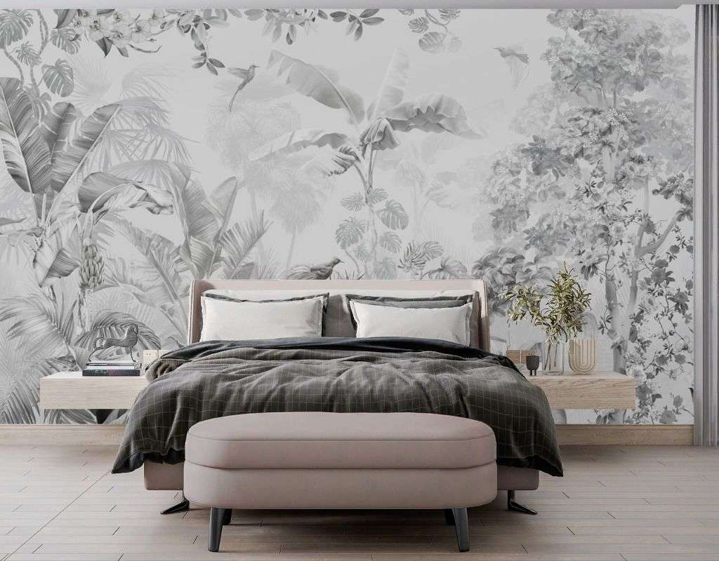 Фотообои в интерьере тропический лес серый  13-745 фото