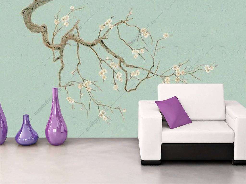 Фотообои в интерьере цветущие ветки миндаля  15-872 фото