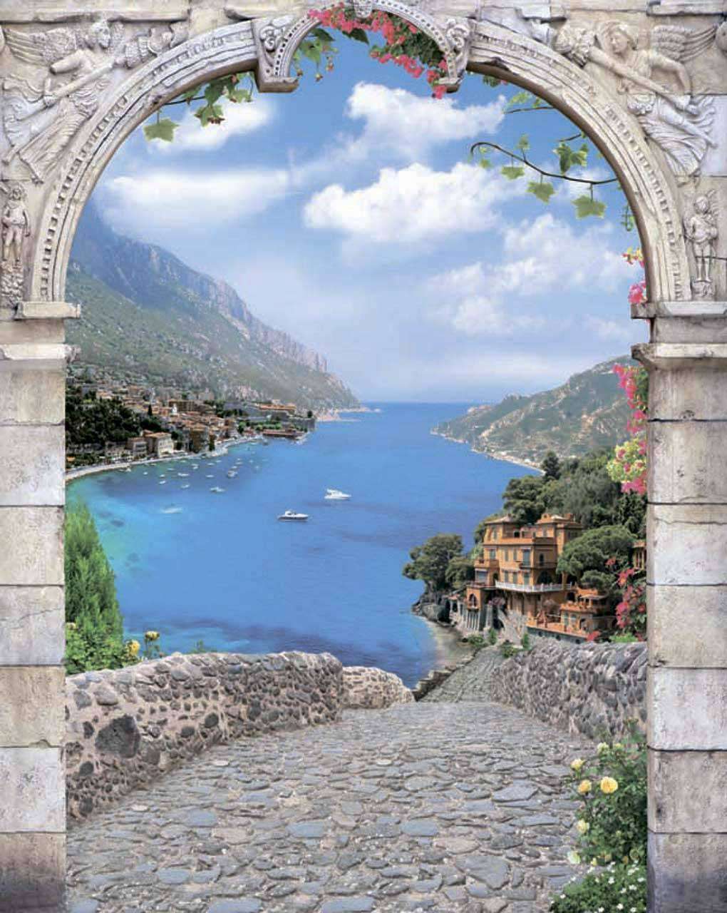 Фотообои в интерьере арка с видом на город у моря  11-061 фото