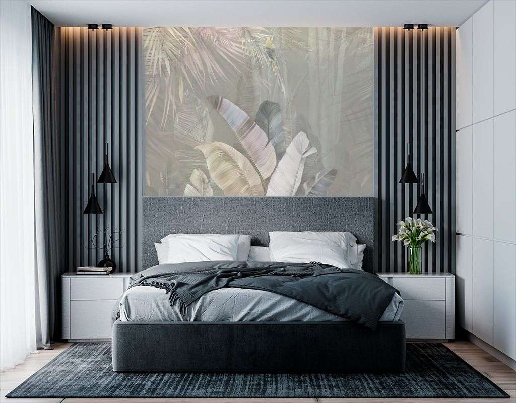 Фотообои в интерьере банановые листья и птица на сером фоне  14-622 фото