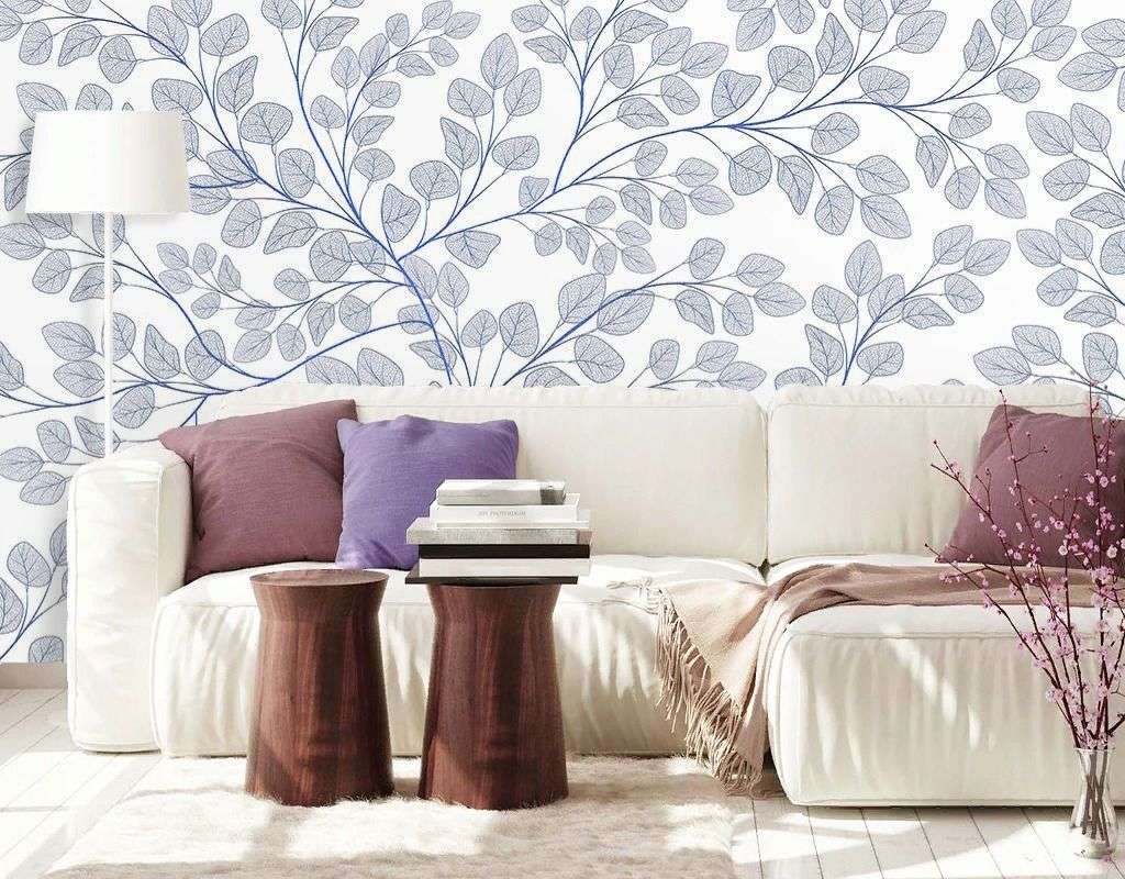 Фотообои в интерьере в спальню листочки голубые на белом фоне  9-1983 фото