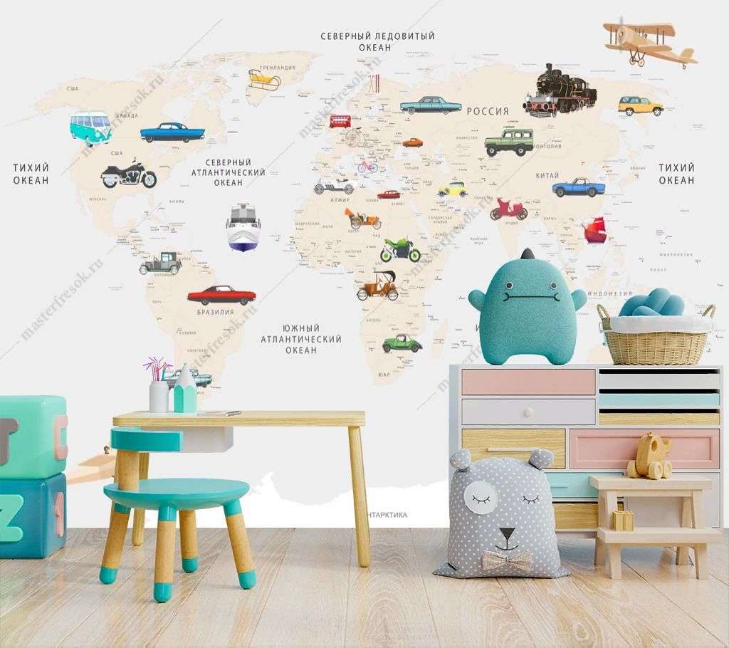 Фотообои в интерьере детская карта мира с машинками  14-285 фото