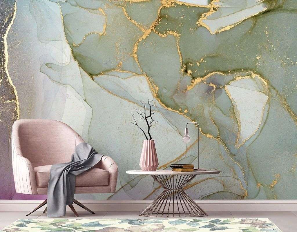 Фотообои в интерьере флюид арт серо-зеленый  9-2027 фото