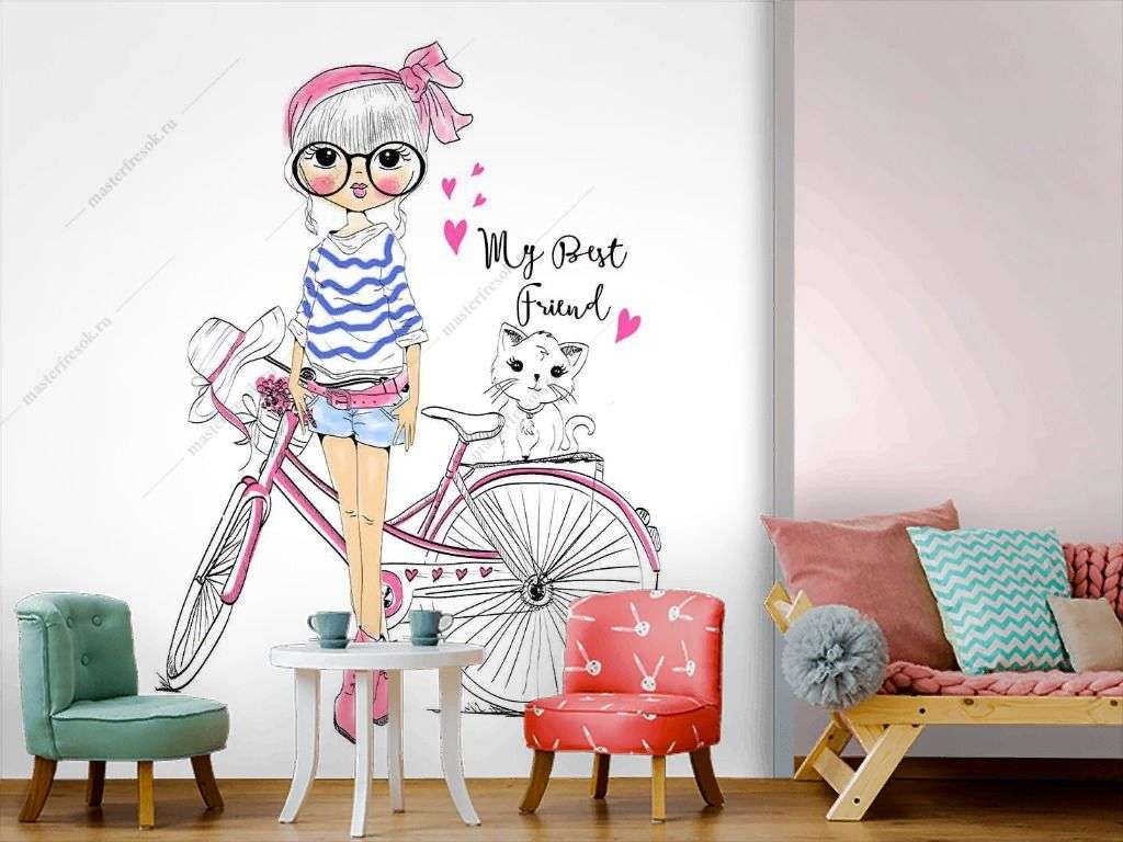 Фотообои в интерьере модная девочка с велосипедом  12-1442 фото