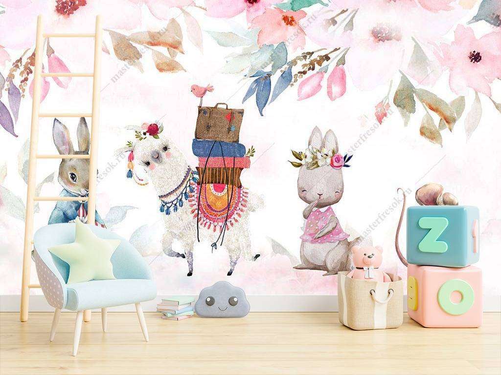 Фотообои в интерьере детская иллюстрация с животными  14-008 фото
