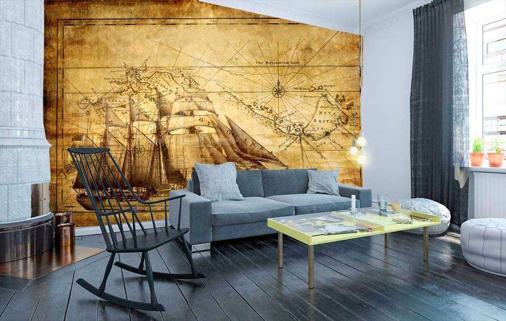 Фотообои в интерьере старинная карта с кораблем  3-090 фото