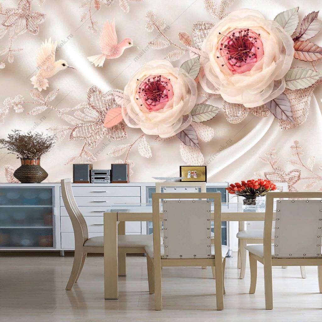 Фотообои в интерьере 3d розы и птицы  10-847 фото
