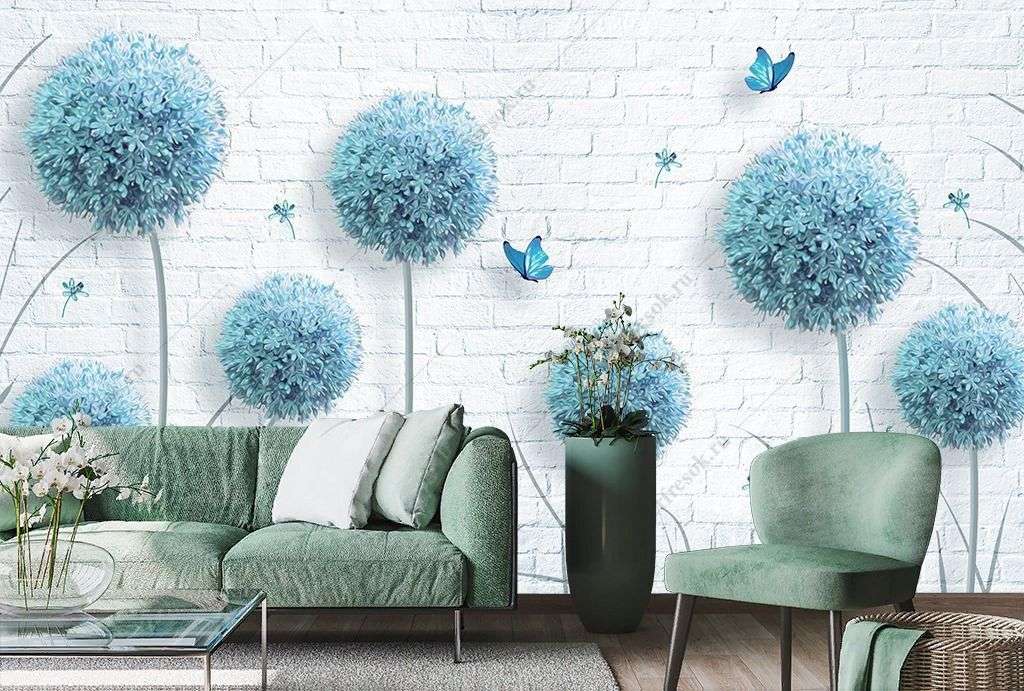 Фотообои в интерьере голубые одуванчики  14-332 фото