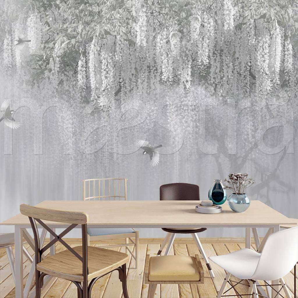 Фотообои в интерьере серое цветущее дерево  7-908 фото