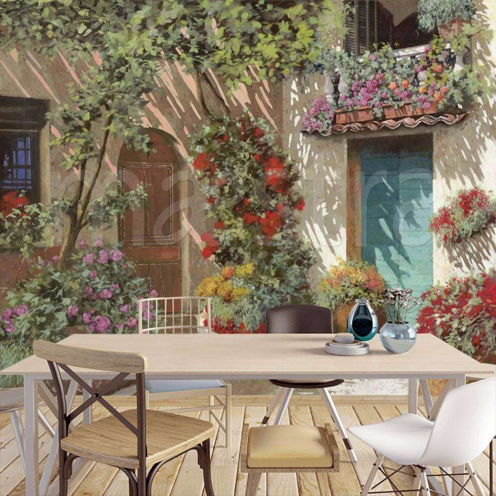 Фотообои в интерьере дворик с красивыми цветами  8-009 фото