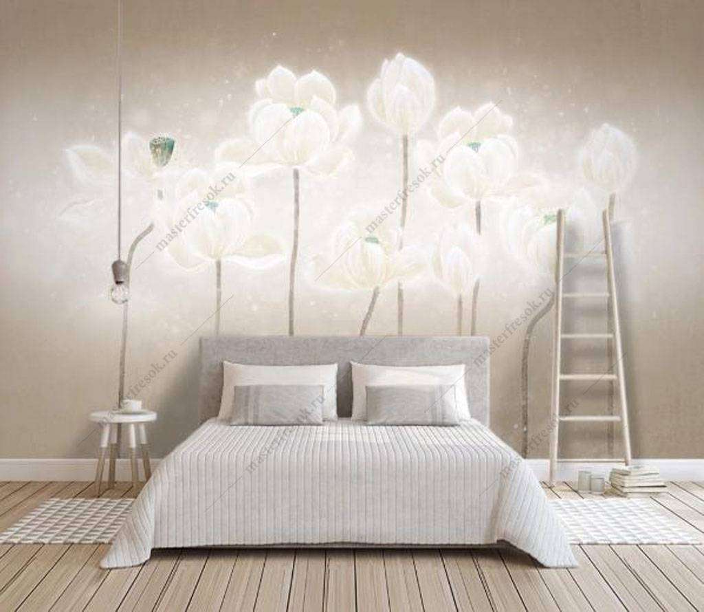 Фотообои в интерьере белые тюльпаны  15-903 фото