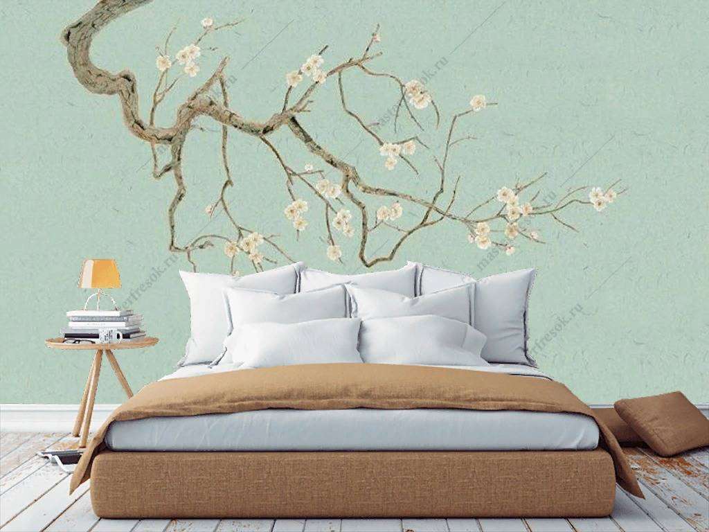 Фотообои в интерьере цветущие ветки миндаля  15-872 фото