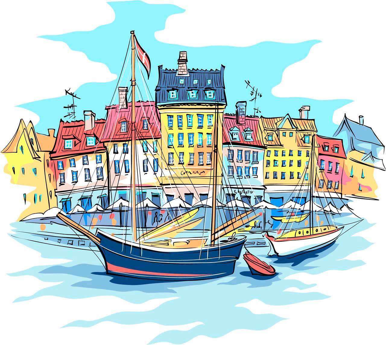 Фотообои в интерьере набережная с домиками графика  12-499 фото