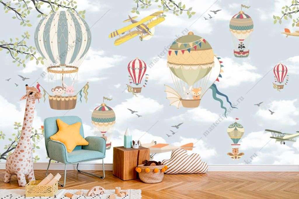 Фотообои в интерьере воздушный шар на голубом небе  14-246 фото