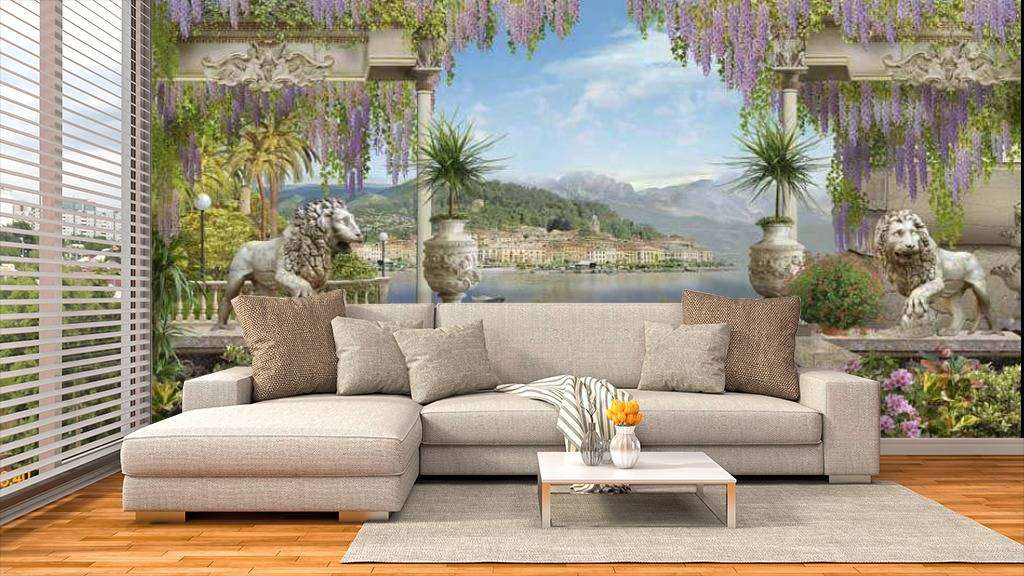 Фотообои в интерьере терраса со статуями львов  17-0097 фото