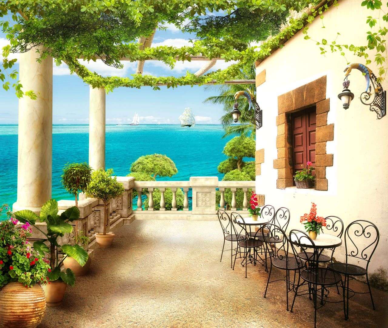 Фотообои в интерьере терраса с видом на голубое море  19-0158 фото