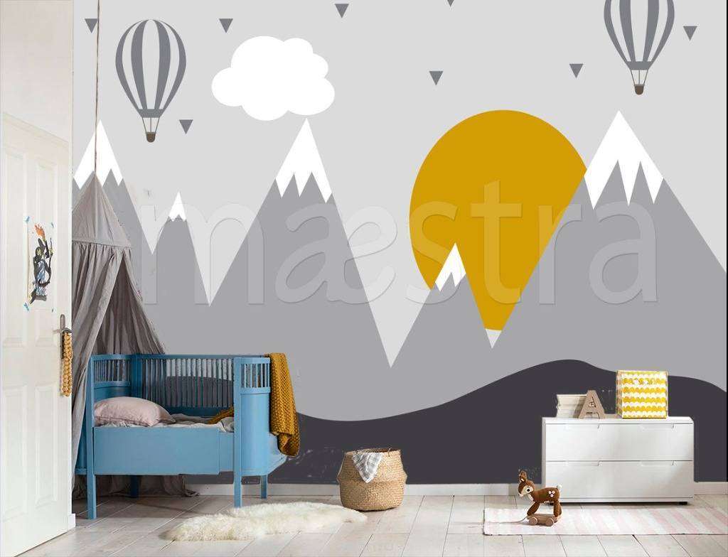 Фотообои в интерьере горы с оранжевым солнцем  12-442 фото